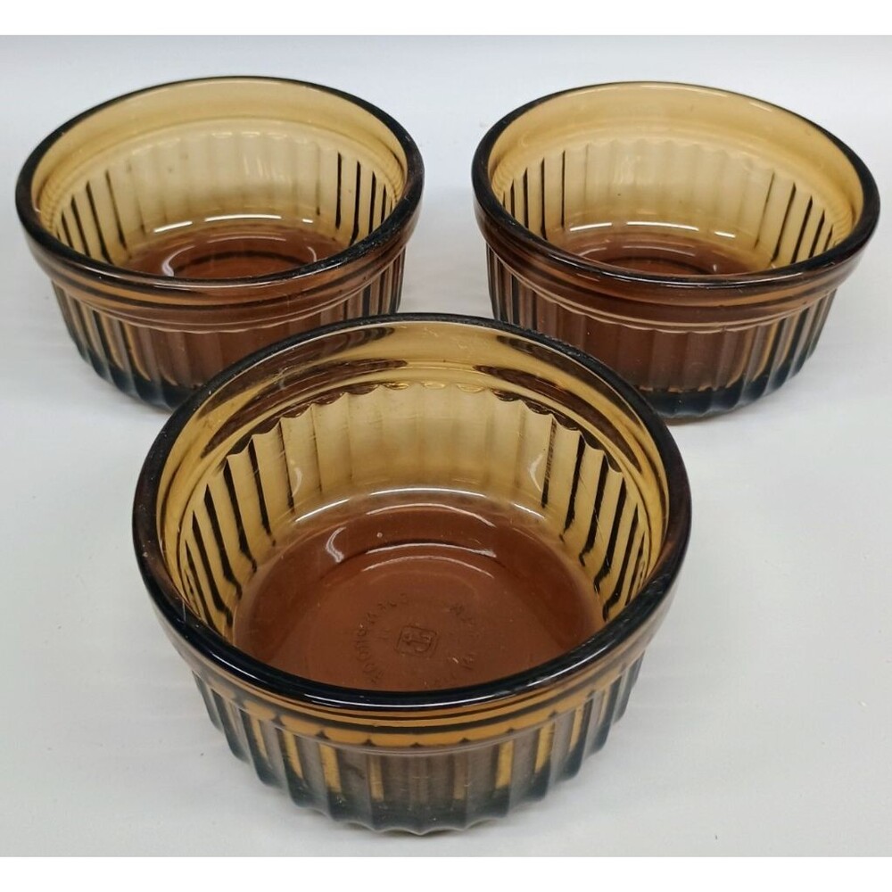3x Vintage Anchor Hocking 1434 Custard Cup Ramekin Dish Ovenproof Harvest Amber